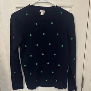J. Crew Navy Crewneck Sweater with Green Polka Dot Pattern